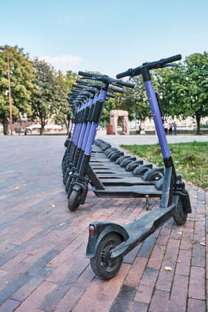 Electric scooters, standing in row in city park for rental via app. Eco-friendly transportの写真素材