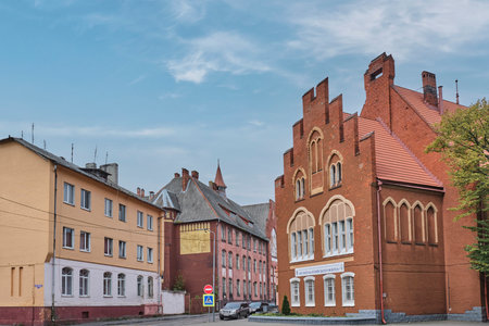Old buildings on city street. Facade of building of Museum of Baltic Fleet, in pseudo-Gothic style.のeditorial素材