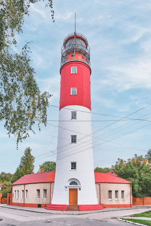 Pillau Lighthouse, tourist attraction, showing way for ships following to city harbor.のeditorial素材