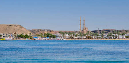 View from Red Sea to Sharm El Maya Beach and El Sahaba Mosque. Sharm El Sheikh, Egyptの写真素材