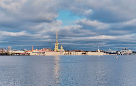 Cityscape of Saint Petersburg, Russia. View of Peter and Paul Cathedral and fortress, Neva River.の写真素材