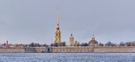 Cityscape of Saint Petersburg, Russia.View of Peter and Paul Cathedral and fortress wall,Neva riverの写真素材