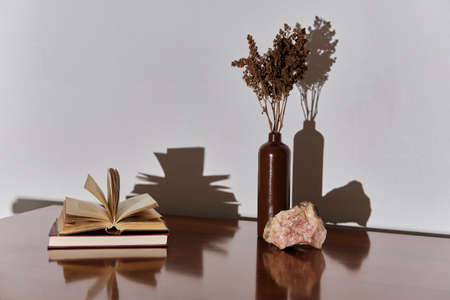 Clay vase with brown dry flowers, natural stone, open book on brown lacquered tableの写真素材
