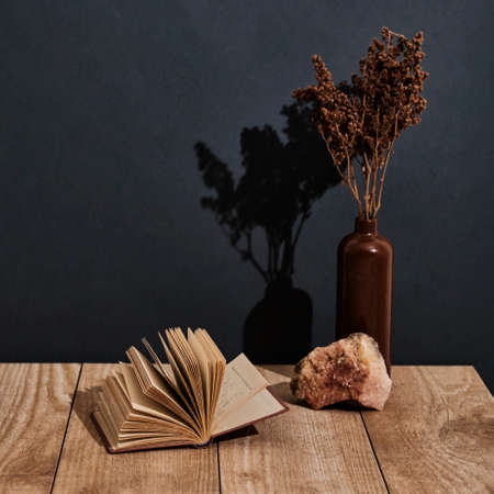 Clay vase with brown dry flowers, natural stone, open old book on wooden table