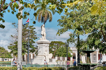 Jose Marti park and marble statue in main square of city, in historic center of Cienfuegos, Cubaのeditorial素材
