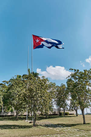 National flag of Cuba waving in wind on flagpole among trees in park over background of cloudy skyの写真素材