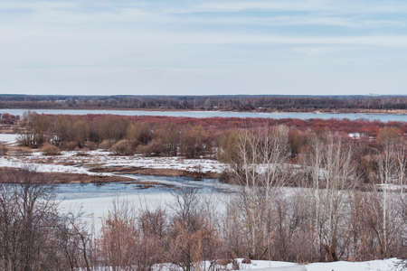Spring landscape on river, Russia. River has opened up. Bare trees and shrubs on shores.の写真素材
