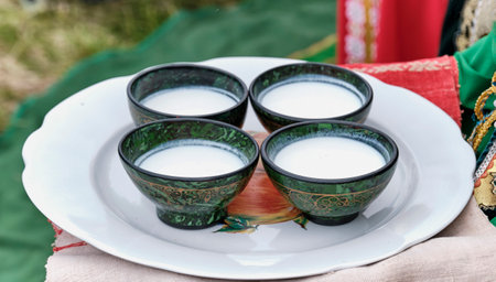Four bowls with traditional Bashkir pattern, filled with mares milk or koumiss, national drinkの写真素材