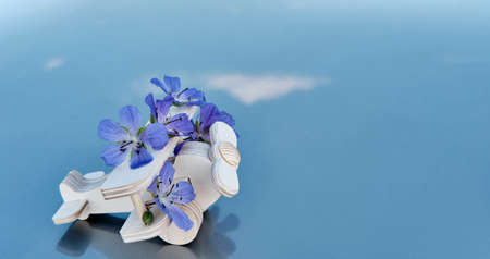 Wooden toy aircraft biplane with flowers on glossy surface,which reflecting sky. Romantic travelの写真素材