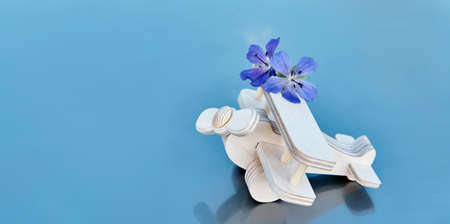 Wooden toy aircraft with flowers, standing on glossy surface reflecting sky.