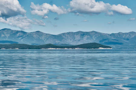 Chivyrkuisky Bay of Lake Baikal. Big Cormorant Island, Baklaniy. Zabaikalsky National Park, Buryatia, Russia.の写真素材