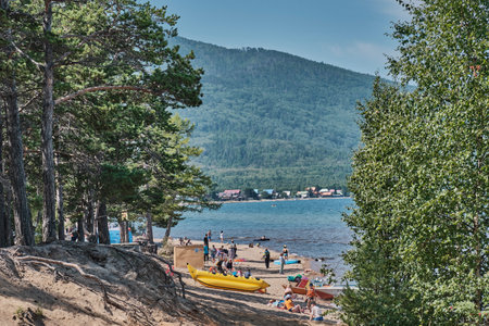 People resting on sandy beach Lake Baikal.のeditorial素材
