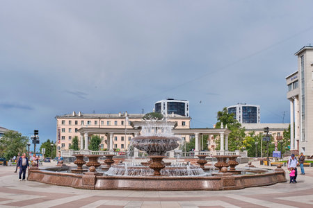 Cityscape of Ulan-Ude, Russia. Theater Square, color music fountain, colonnade.のeditorial素材