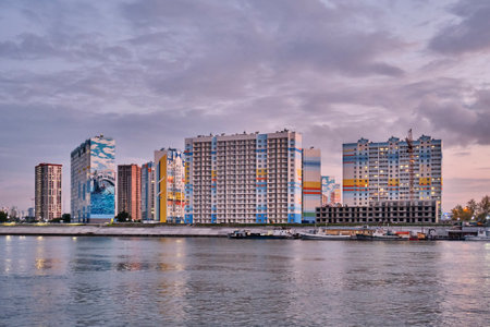 Modern new residential complex under construction Venice on banks of Ob River.のeditorial素材