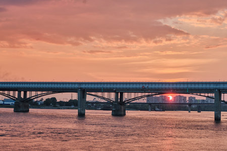 Bridges over Ob river on sunset in Novosibirsk, Russia.の写真素材