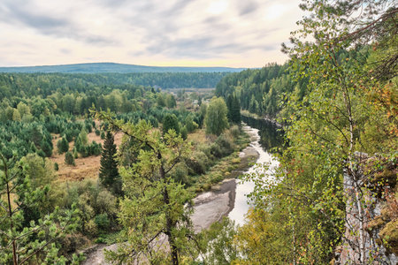 Summer, fall natural landscape. Nature park Deer streams. Sverdlovsk region, Russia.の写真素材