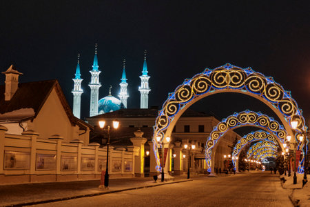Kremlin night street in the Kazan Kremlin decorated by illumination to holidays , Kazan, Russia.の写真素材