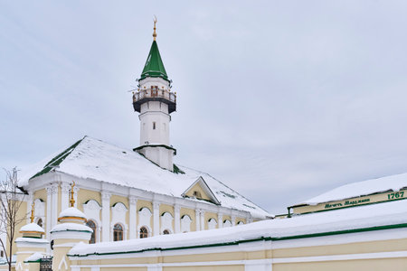 Minaret of Al Marjani Mosque of 18th, example of traditional Tatar architecture. Staro-Tatarskaya Sloboda, Kazan, Russia. Inscription in English - Marjani Mosque. Architecture, religion conceptの写真素材