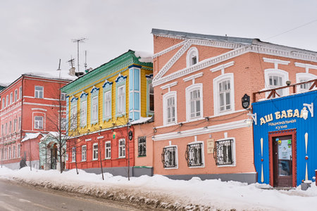 Kazan, Russia - January 12, 2023: Colorful Mardzhani street in winter, Staro-Tatarskaya Sloboda, historical and cultural center of city. Nazirov's House of 19th century.Winter cityscape Travel conceptのeditorial素材