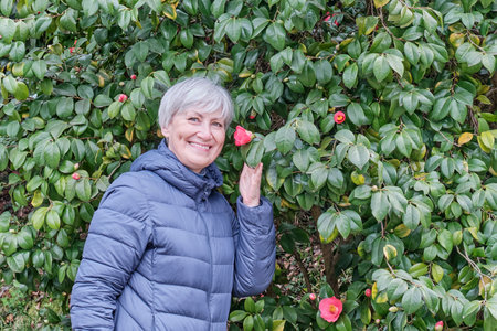 Senior woman posing over background of bush blooming camellia japonicaの写真素材