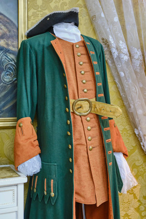 Yekaterinburg, Russia - May 20, 2023: Old stage costume of first emperor of Russia Peter 1 Great on tailor's mannequin. Vintage clothing from film Demidovs, props.のeditorial素材