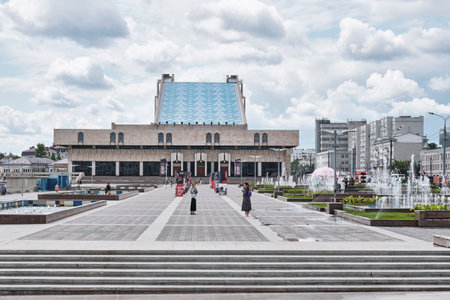 Square and fountains near Kamala Theater in historical center of city Kazan, Russiaのeditorial素材