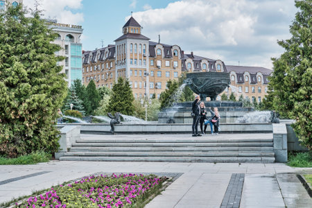 Square with a fountain in the form of a cauldron in Millennium Park, Kazan, Russiaのeditorial素材