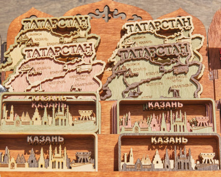 Kazan, Russia - June 8, 2023: Panels made of plywood, souvenirs for tourists. Carved silhouettes of symbolic Kazan buildings, maps of Tatarstan. travel conceptのeditorial素材