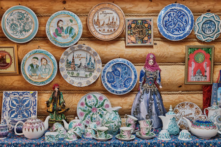 Kazan, Russia - June 8, 2023: Ceramic crockery with colorful traditional Tatar floral ornament and hand art painting, paintings on log walls, collectible dolls in national costumes in souvenir shop.のeditorial素材