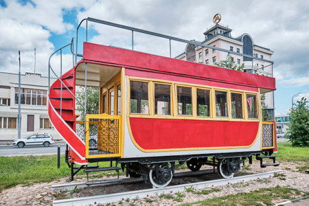 Kazan, Russia - June 8, 2023: Retro tram on Peterburgskaya street.Horse carriage produced by...