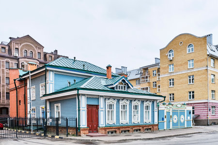 Kazan, Russia - June 10, 2023: House of Kaushchi, Karimov. A monument of residential architecture, a restored typical Tatar house of the late 19th century. Old Tatar settlement.のeditorial素材