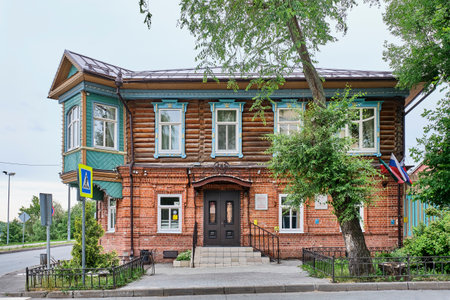 Kazan, Russia - June 10, 2023: Ahmet-bai's house,beginning of XX.Traditional Tatar folk architecture.Typical city merchant's mansion with brick first and wooden second floors.Now - Old Town Prefectureのeditorial素材