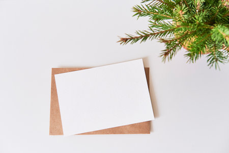 Blank paper on craft envelope, bouquet of christmas tree branches.の写真素材