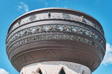 Close-up of upper part of Kazan Family Center in form of traditional tatar cauldron, Russiaのeditorial素材