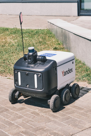 Close-up of delivery robot, rover in service of Russian Post.のeditorial素材