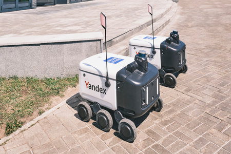 Close-up of two delivery robots, rovers in service of Russian Post.のeditorial素材