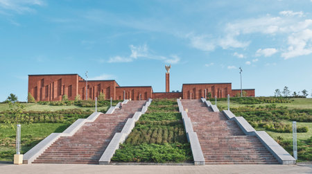 Kazan, Russia June 16, 2023: Stairs leading to National Library of Republic of Tatarstan. Main book depository of Tatarstan. Facade of modern building. Summer city landscape. Bannerのeditorial素材