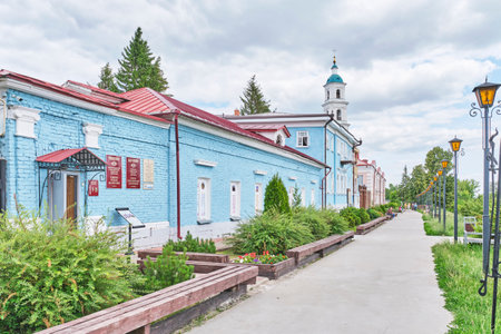 Yelabuga, Russia - June 18, 2023: Building of first district treasure in historical downtown. Cultural heritage site. 19th century. Nowadays Gallery of Rare Collections. View of Naberezhnaya street.のeditorial素材