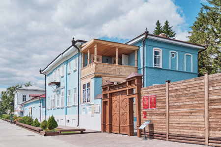 Yelabuga, Russia - June 18, 2023: Memorial House-Museum of II Shishkin in historical downtown, 19th century. Monument of history and culture. View of Naberezhnaya street.のeditorial素材