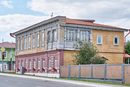 Yelabuga, Russia - June 18, 2023: Residential merchant courtyard of second half of 19th century in historical center of city. Monument of urban planning and architecture. Cultural heritage site.のeditorial素材