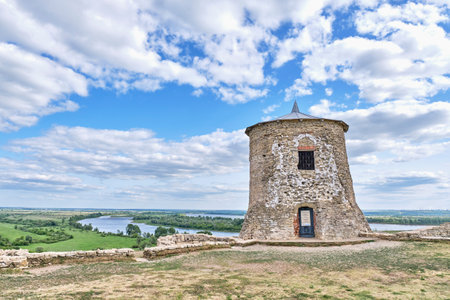 Yelabuga, Russia - June 18, 2023: White stone tower, fortress-mosque of 12th century. Only surviving structure of military fortress of Volga Bulgarians of pre-Mongol period. Devil's hillfort.のeditorial素材