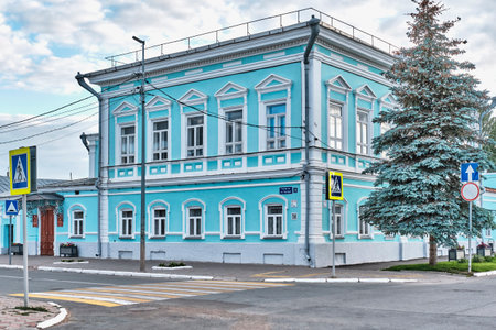 Yelabuga, Russia - June 18, 2023: Estate of merchant Tarasov in historical center of city. Second half of 19th century, architect Romanov. Monument of residential architecture in Art Nouveau style.のeditorial素材