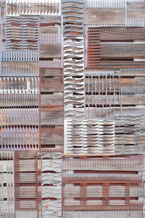 Abstract metal background.Perforated iron rusty plates with perforations in shape of various knives...