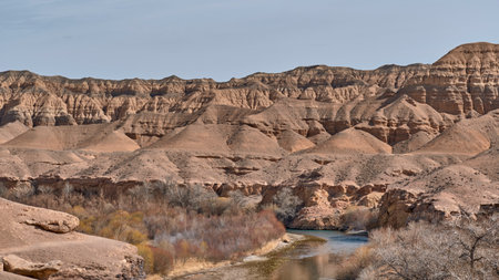 National natural park in Kazakhstan, landmark near Almaty, natural monument. Moon or Yellow Canyon, another name for gorge is Valley of Yurts. Charyn River. Spring landscape. Copy spaceの写真素材