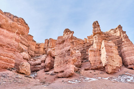 Bizarre shapes from sandstone. Valley of Castles Gorge, National Natural Park Charyn Canyon in...