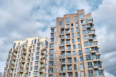 Moscow, Russia - April 14, 2024: Two new modern residential buildings of complex of business class Russian Design District in New Moscowのeditorial素材