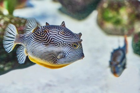 Fish from family boxfishes, female specimen of striped Aracana aurita, living in aquarium. Inhabits the waters of the Indian and Pacific Oceans at depths of 100-200 meters and more.の写真素材