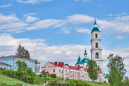 View of landmarks in historical center of Yelabuga, Tatarstan, Russia. Memorial House-Museum of Shishkin, Spassky Cathedral on Naberezhnaya street. Summer cityscapeの写真素材