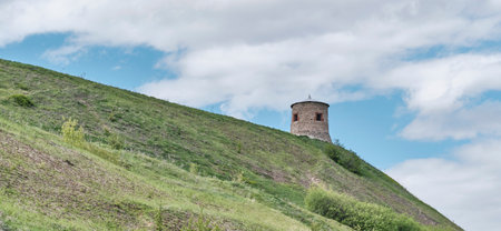 Fastened town near Yelabuga, Tatarstan, Russia. Reconstructed part of mosque fortress, stood here during Volga Bulgaria period. Passage or white tower. Bannerの写真素材