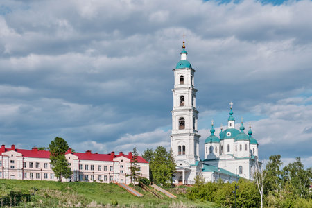 Spassky Cathedral,cultural heritage site.Built in 1864 in style of provincial Russian classicism.View of Naberezhnaya street in historical center of Yelabuga, Tatarstan, Russia. Summer cityscape.の写真素材